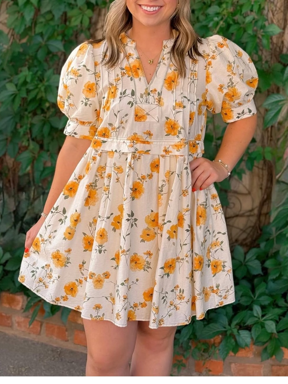 New Boho Cottagecore Orange Yellow Floral Puff Sleeve Tiered Cream Mini Dress